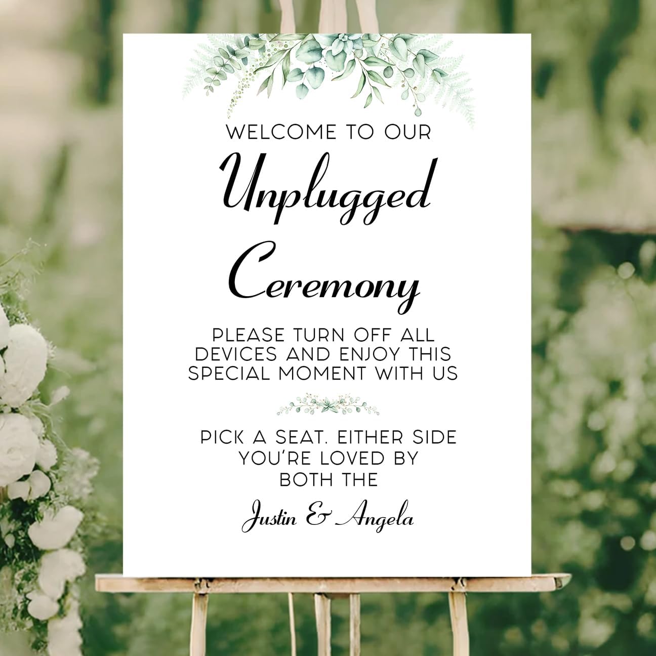 Personalized Unplugged Ceremony Sign – Elegant Wedding Yard Sign with Greenery – Turn Off Devices & Find Your Seat