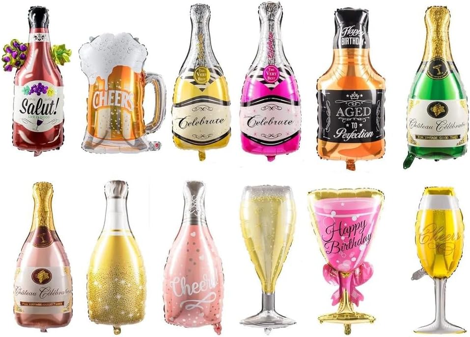 Collect Present Champagne and Wine Bottle Balloons – 12 Foil Balloons – Birthday, Bachelorette and Engagement Party Decorations