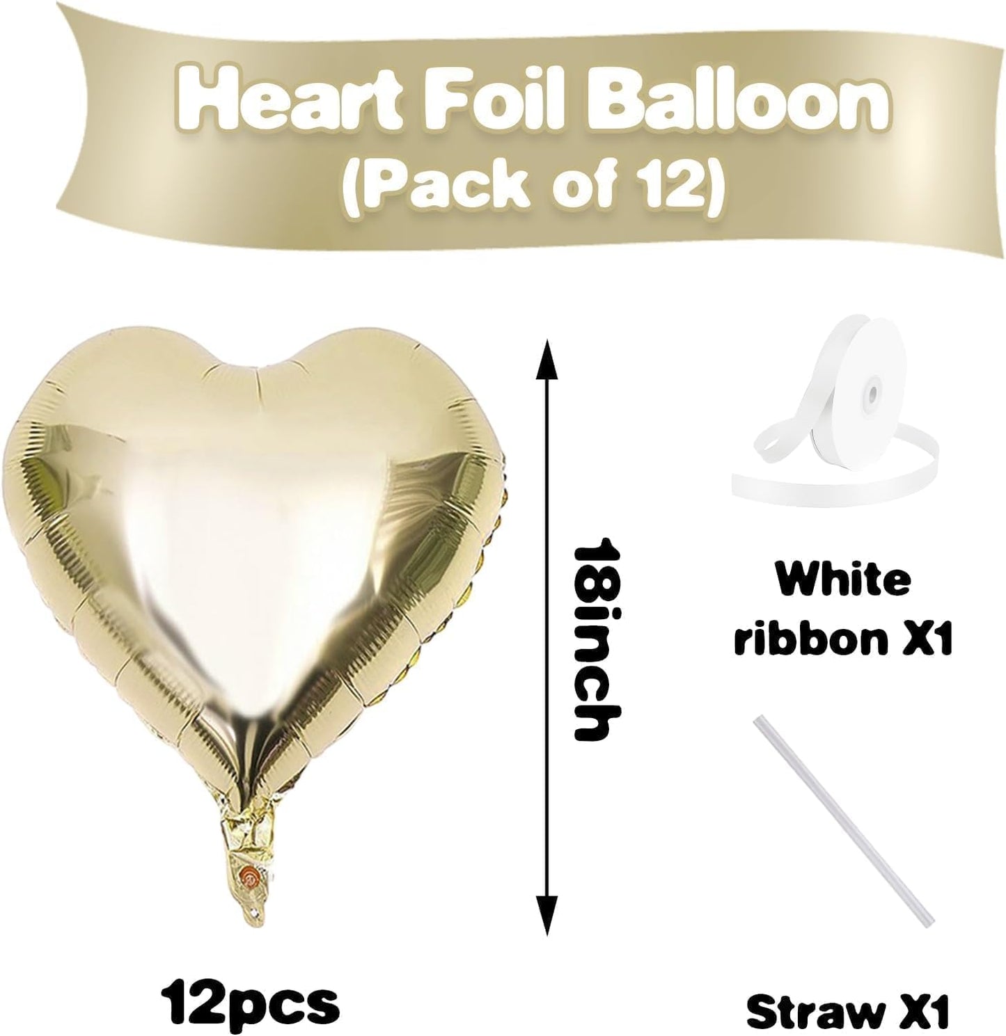 Champagne Gold Heart Balloons,12Pcs 18 Inch Light Gold Foil Love Heart Shaped Balloons for Pastel Yellow Birthday Party Wedding Engagement Anniversary Baby Shower Valentines Day Decorations