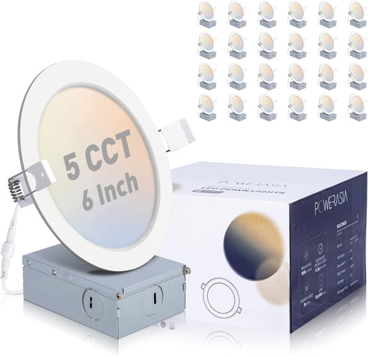24 Pack Recessed Lighting 6 Inch with Junction Box, 5CCT 6 Inch LED Recessed Lights Dimmable 2700K-6000K, 15W 1200lm Ultra Thin Recessed Lighting - ETL and Energy Star