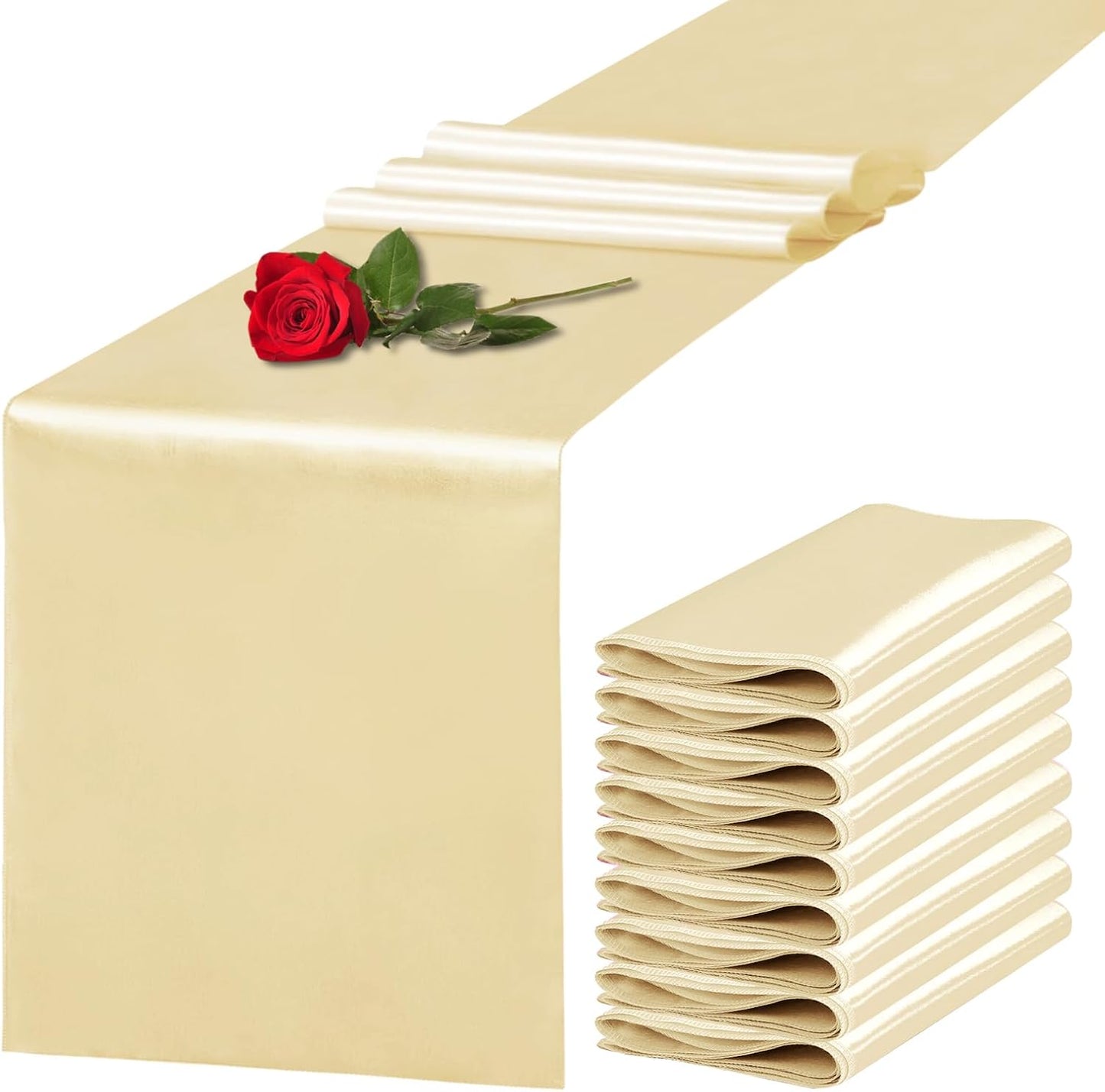 10 Pack Satin Table Runner 12 x 108 Inch Long Champagne Silk Table Runner for Wedding Party Banquet Birthday Decoration