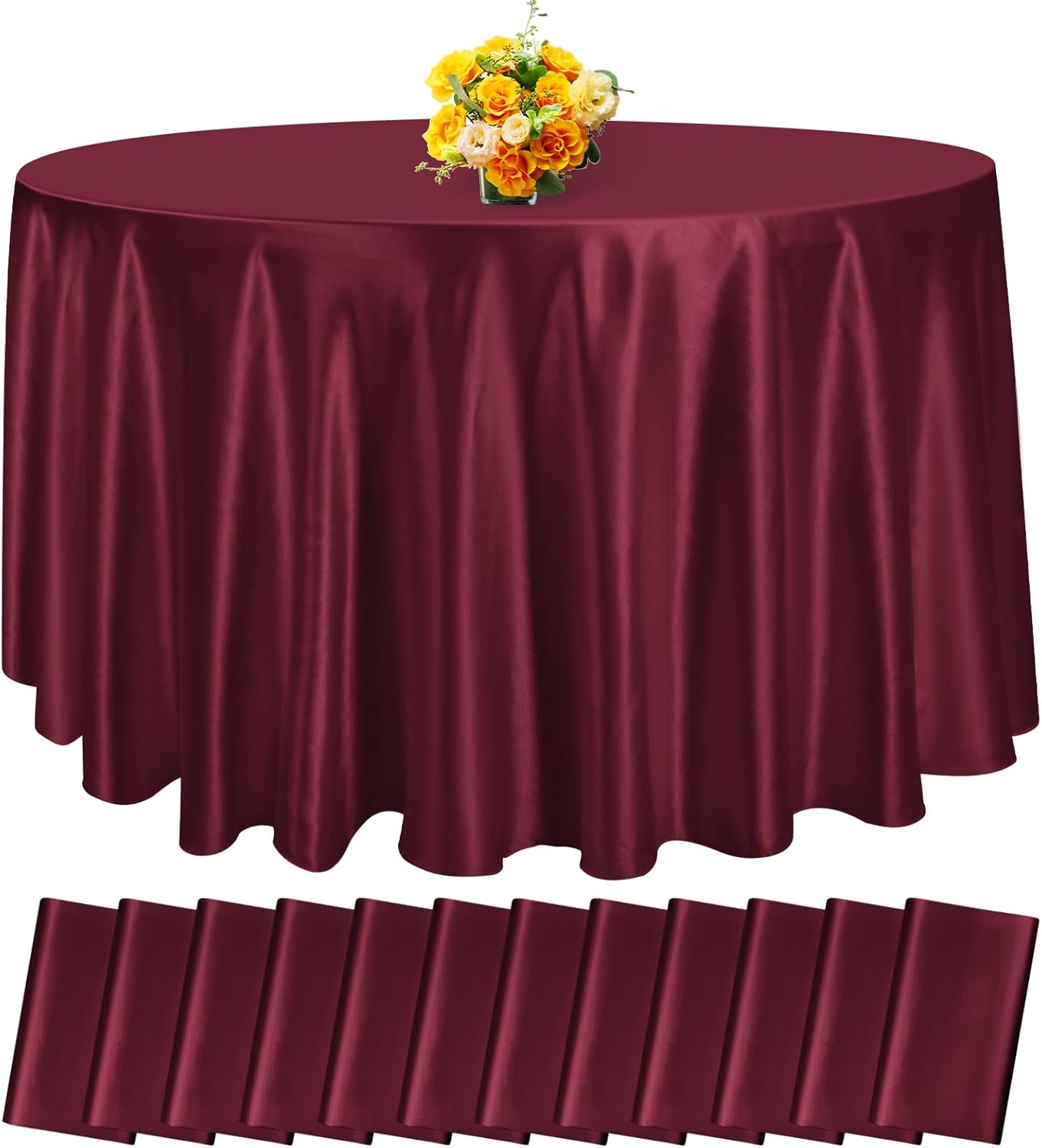 12 Pack 108 Inch Burgundy Satin Tablecloth - Silky Round Tablecloth Overlay Smooth Fabric Table Cover, Bright Table Decoration for Wedding Party Banquet Events Restaurant Kitchen Dining