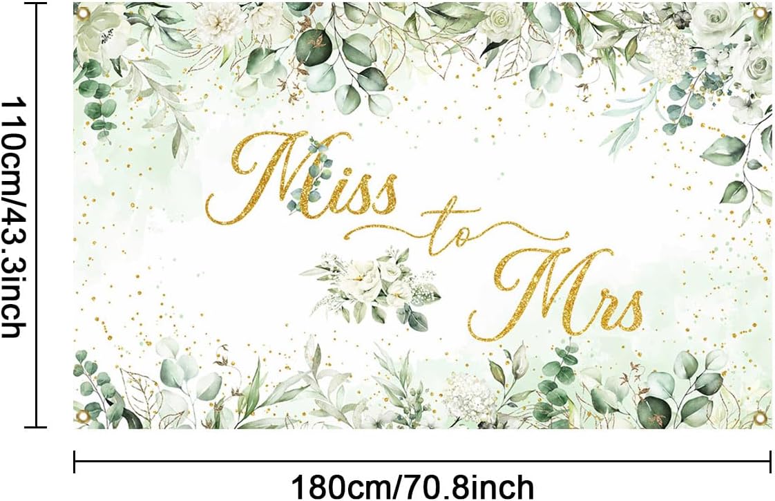 Mocsicka Miss to Mrs Banner Greenery Leave Gold Dots Bridal Shower Party Decorations Banner for Wedding Engagement Bachelorette Party Backdrop for Photography Photo Booth props (Green, 70.8x43.3 inch)