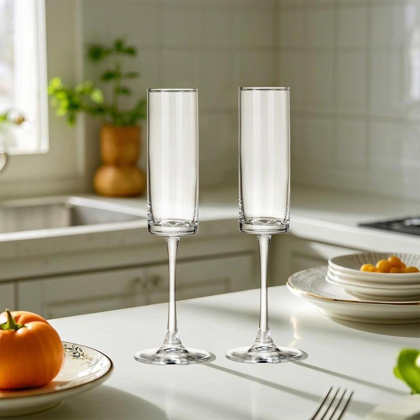 12 Pieces Clear Champagne Flutes 6 OZ Straight Sided Wine Glasses Champagne Long Stem Drinking Colored Glasses,Set of 12 Hand Blown Champagne Flutes Goblets for Wedding Cocktail Cups,Cava, Prosecco