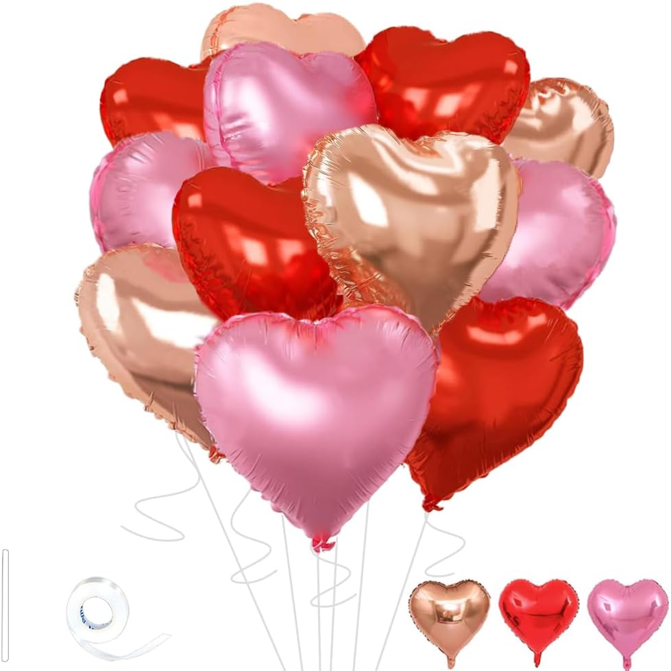 Rose Gold & Red Heart Balloons，18 Inch Light Pink Foil Love Heart Shaped Balloons for Anniversary Wedding Engagement Birthday Party Baby Shower Valentines Decorations(12Pcs)
