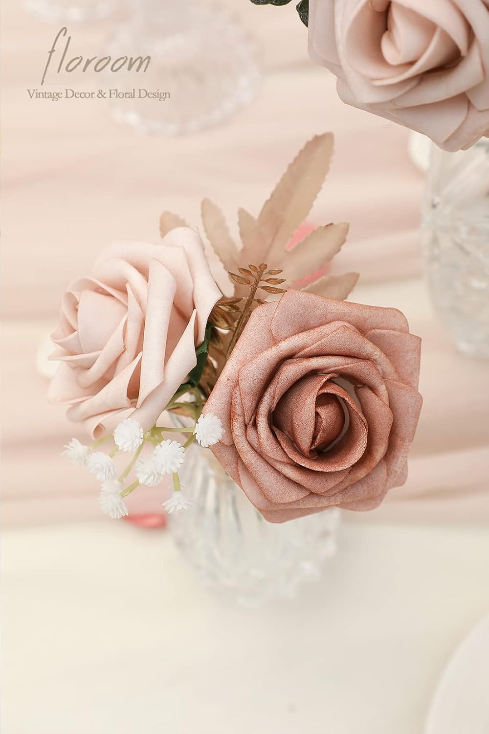 Floroom Artificial Flowers 25pcs Real Looking Morandi Peach Ombre Colors Foam Fake Roses with Stems for DIY Wedding Bouquets Bridal Shower Floral Centerpieces Party Tables Home Decorations