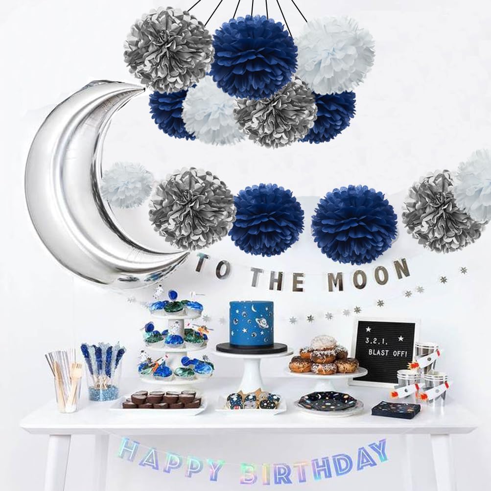Royal Blue Silver and White Paper Flower Tissue Pom Poms for Birthday Graduation Baby Shower Bachelor Retirement Theme Party, 12pc