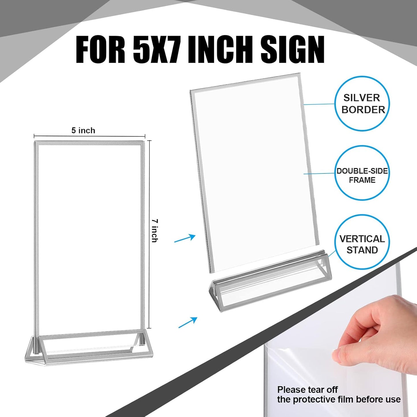Blulu 12 Pack Acrylic Sign Holder Double Sided Picture Frame Wedding Table Number Stands with Border and Vertical Clear Display Menu Holders for Wedding Party Restaurant(5 x 7 Inch,Silver)
