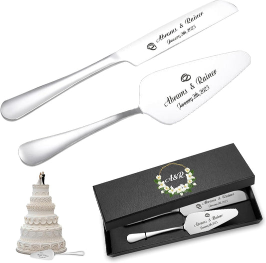 Personalized Wedding Cake Knife and Server Set - Custom Name Engraved Cutting Set with Elegant Gift Box, Ideal for Bridal Wedding Anniversary Birthday Gifts (Regular handle)