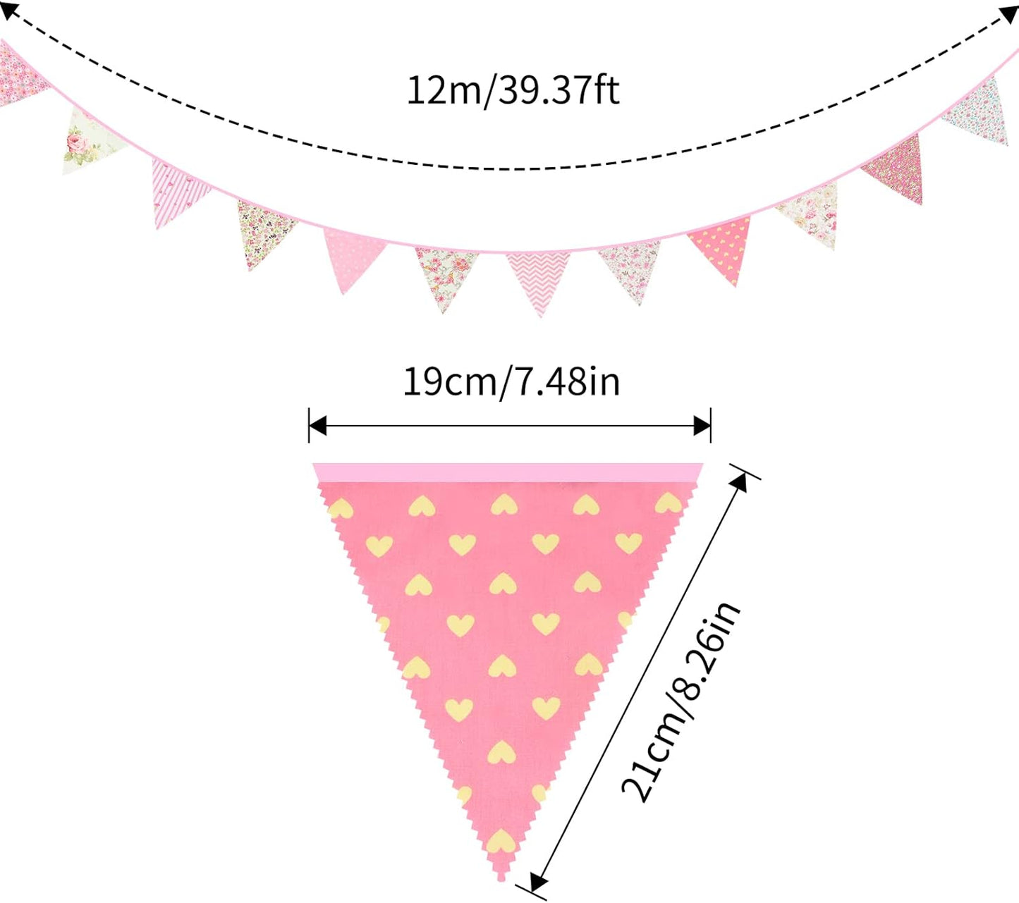 jijAcraft 39Ft Triangle Bunting Banner, 42Pcs Tea Floral Party Bunting Cotton Fabric Flags Pennant Garlands for Birthday Party, Wedding, Baby Shower, Outdoor and Home Decorations (Pink)