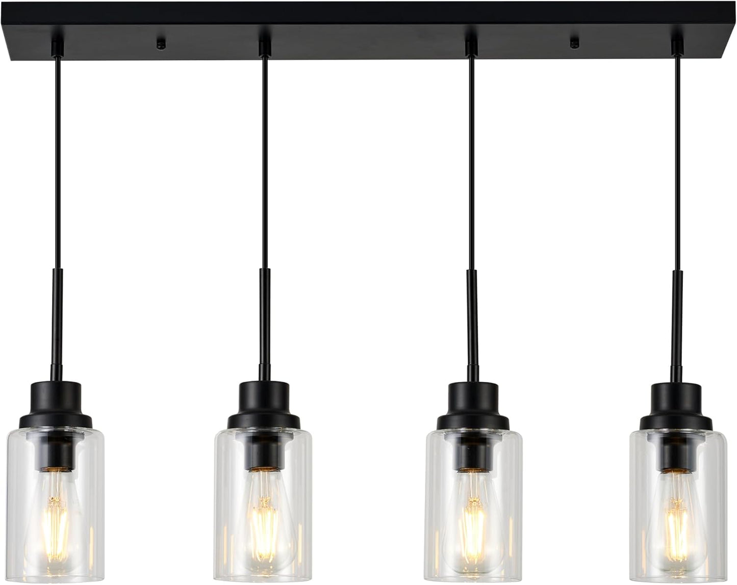 4-Lights Pendant Lighting for Kitchen Island in Black, Ceiling Light Fixtures with Adjustable Hanging Wire & Clear Glass Shades