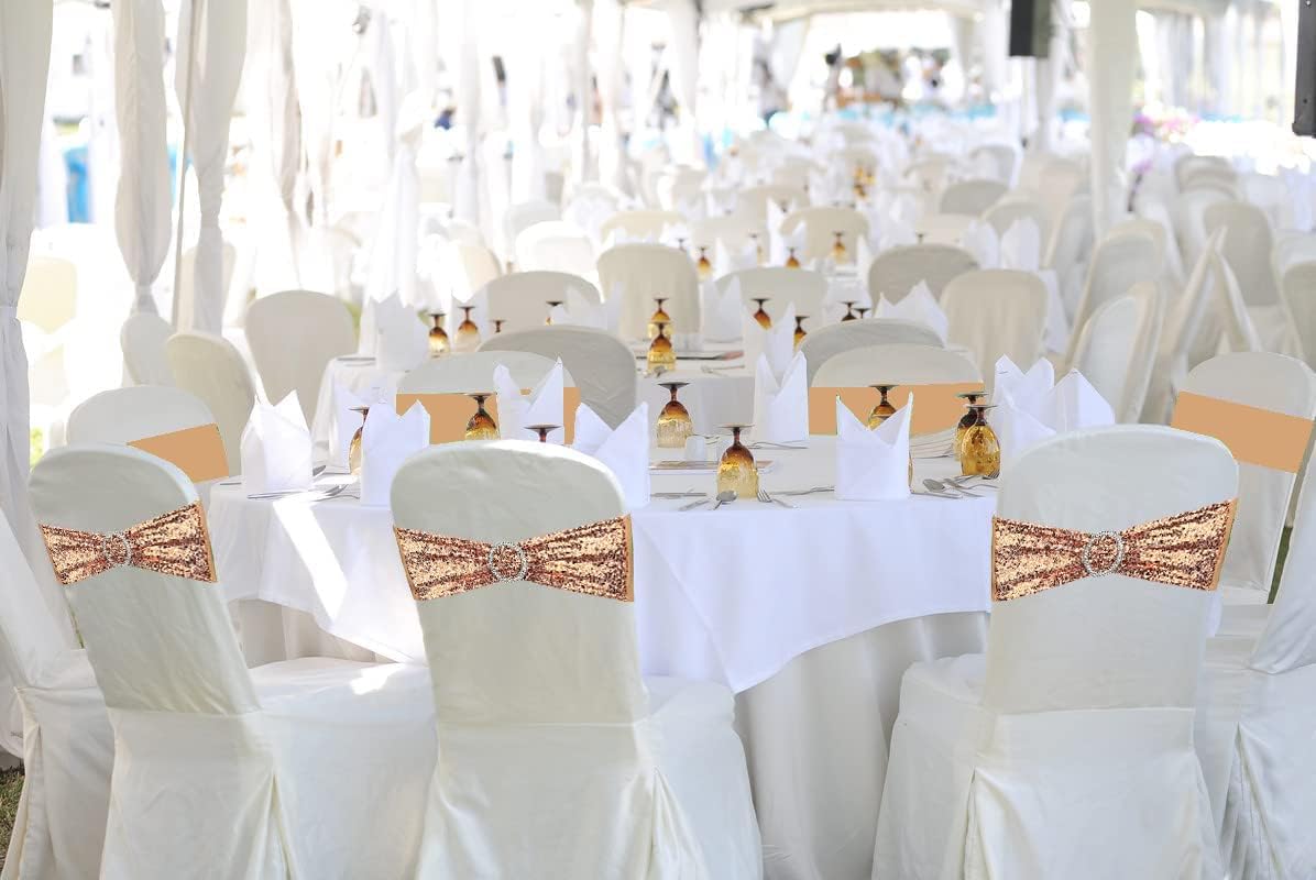 Chair Sashes Sequin Stretch Chair Bands Spandex Polyester Bows for Party Hotel Wedding Banquets Decoration - 6 Pcs Rose Gold