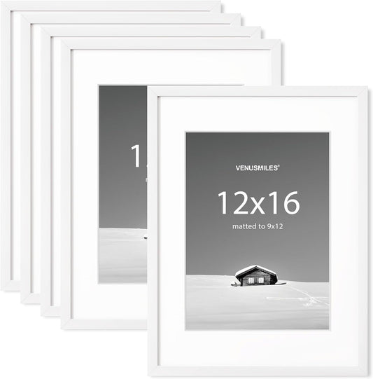 12x16 inch Picture Frame, 12x16 Photo Frames with 8.5x11 Removable Mat - High Definition Plexiglass - Vertical and Horizontal Display - Wall Hanging Frame - White, 5 Pack