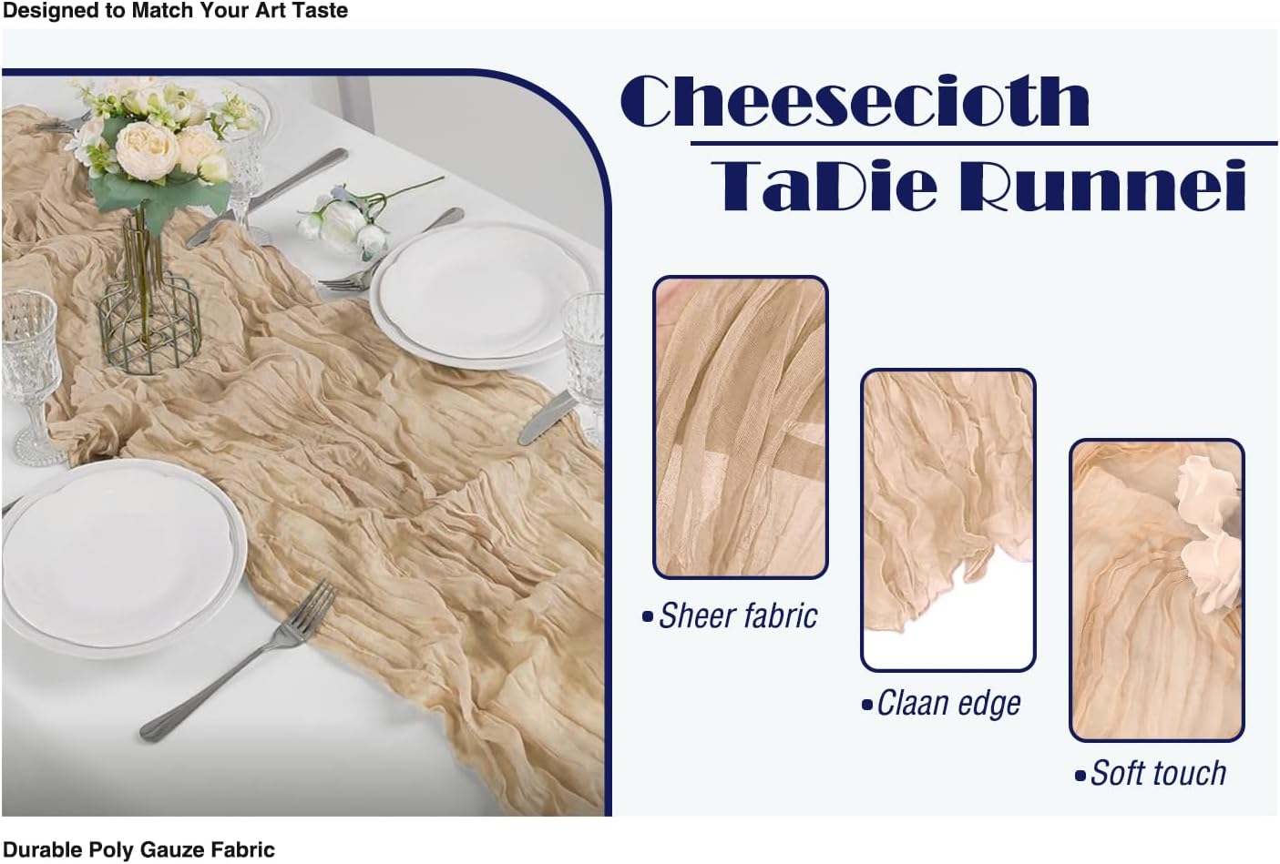 20 Pack Beige Cheesecloth Table Runner 17x108 Inch Boho Wrinkled Sheer Gauze Cheese Cloth Table Runner Bulk Decor for Wedding, Bridal Shower, Birthday Party