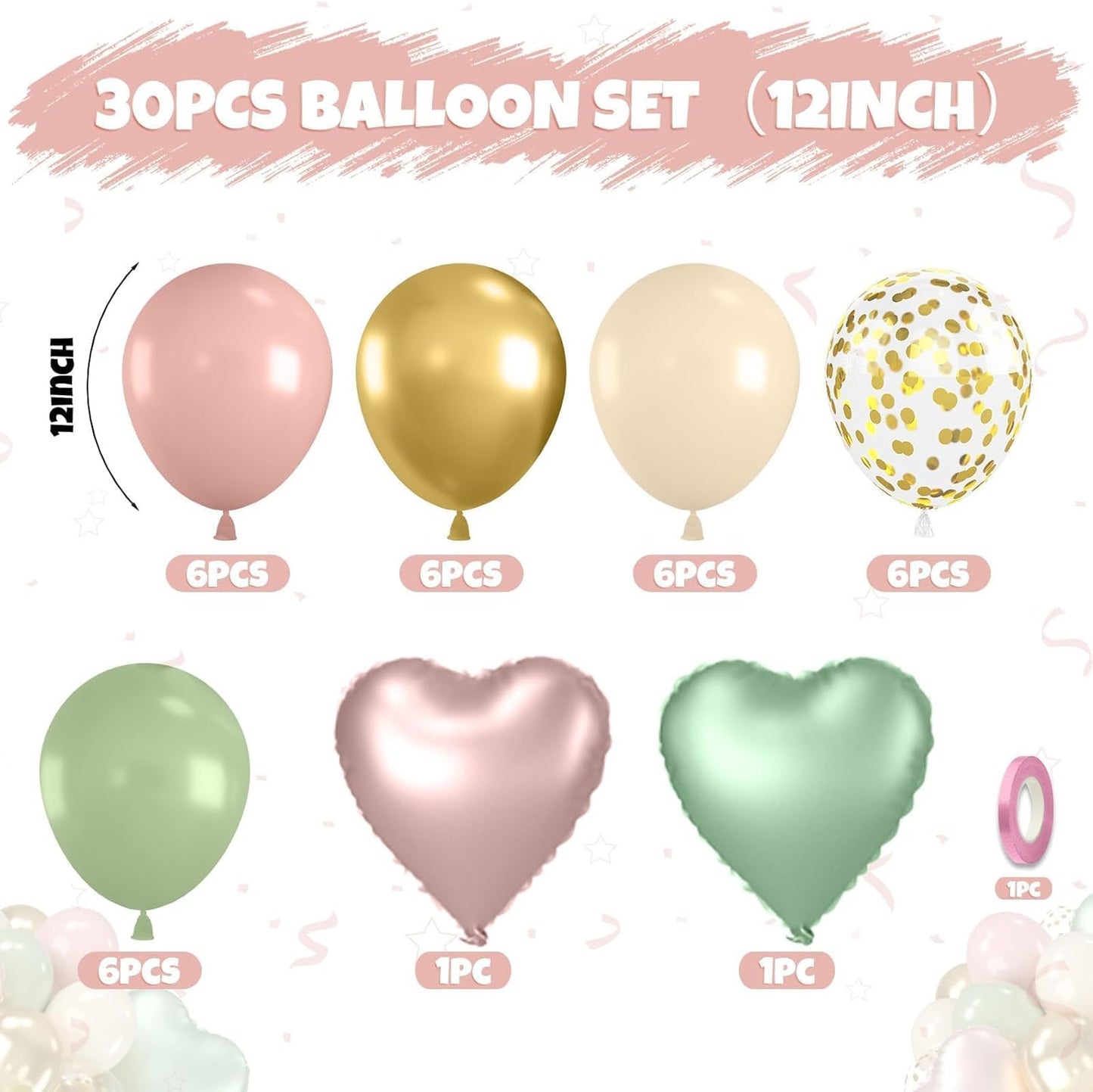 Pink and Green Balloons, 12 Inch Retro Sage Green Pink Nude Metallic Gold Confetti Balloons with Heart Foil Balloon for Girls Jungle Woodland Birthday Safari Baby Shower Party Decorations