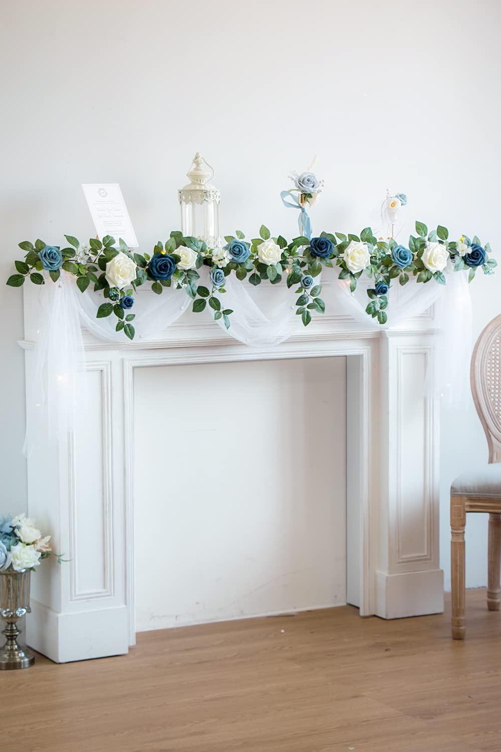 PONATIA 5FT Handcrafted Artificial Rose Flower Garland, Dusty Blue Flowers Greenery Garland for Wedding Ceremony Garlands Backdrop Arch Flowers, Ceremony Reception Table Decorations