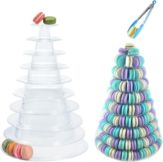 10 Tiers Macaron Tower Stand, Macaroon Tower Stand with Tongs Round Cupcake Cake Stand Desserts Display Holder Platter for Baby Shower, Birthday, Wedding, Party Decor (10-Tiers with Tongs)