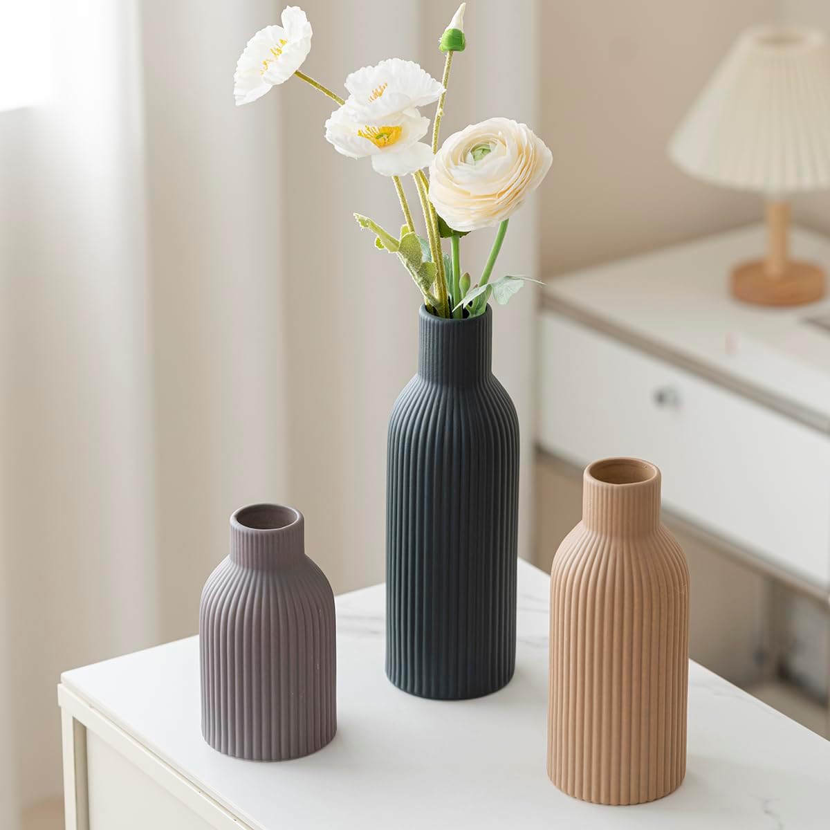 Modern Ceramic Vases Set of 3, Black Ribbed Decorative Vases, Shelf Table Centerpiece for Home Decor (Black Mix)