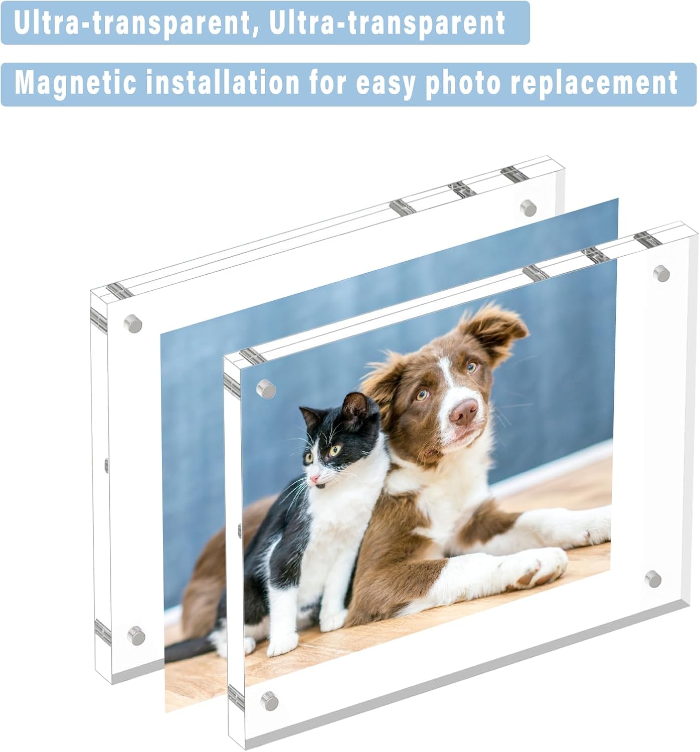HELPLEX 5 Pack 8x8 Acrylic Picture Frames, 24mm Thicker Square Frameless Clear Frame Double Sided Magnetic Frame, Free Standing Desktop Display Stand