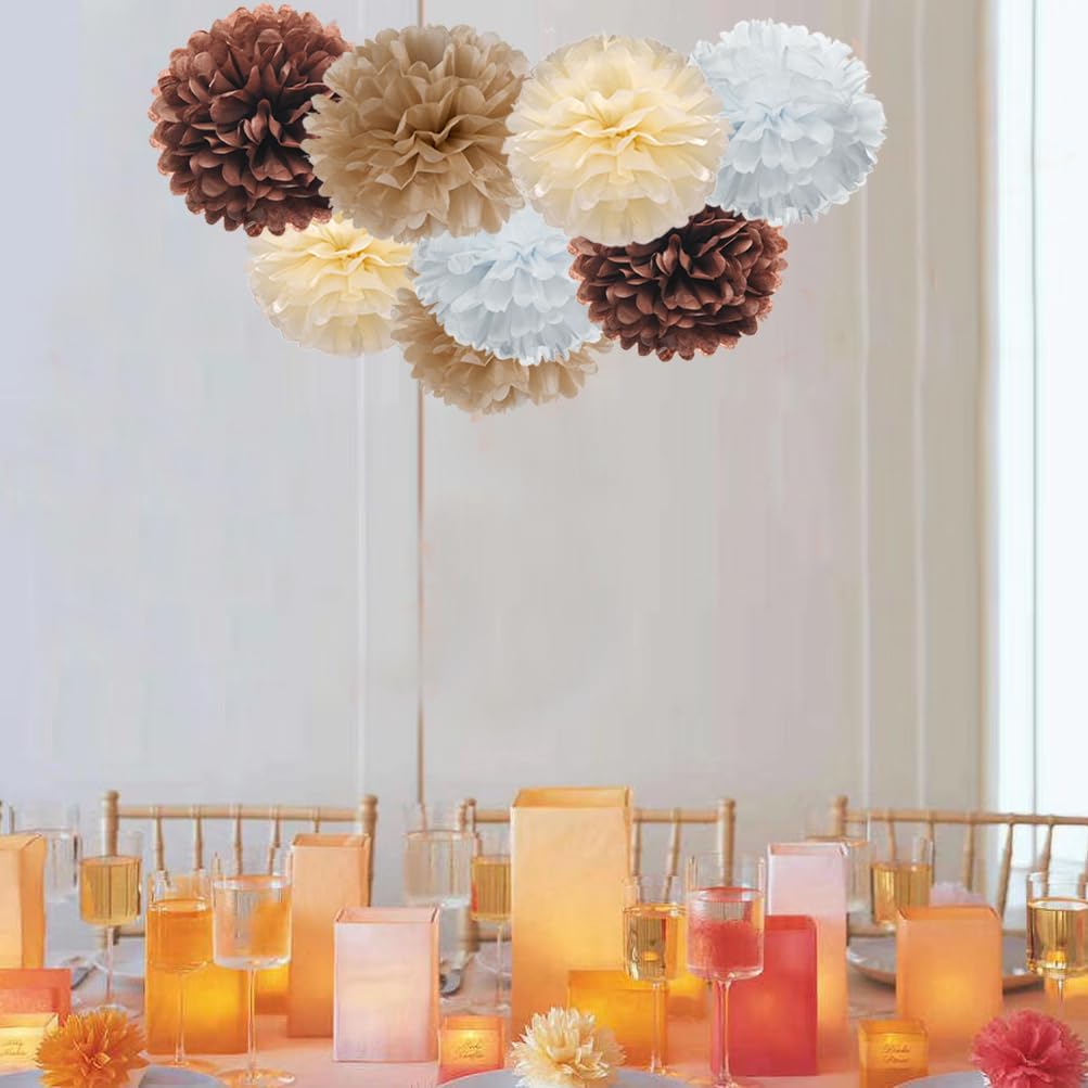 Brown Champagne Tan Ivory and White Tissue Paper Pom Poms Flower for Neutral Baby Shower Birthday Retirement New Year Party Decoration, 12pc