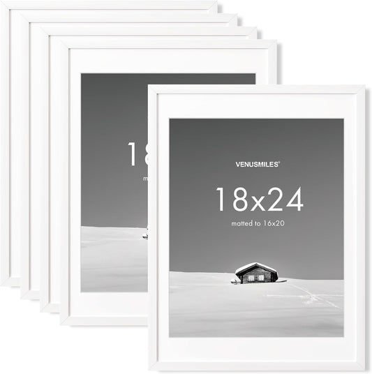 18x24 inch Picture Frame, 18x24 Photo Frames with 16x20 Removable Mat - High Definition Plexiglass - Vertical and Horizontal Display - Wall Hanging Poster Frame - White, 5 Pack