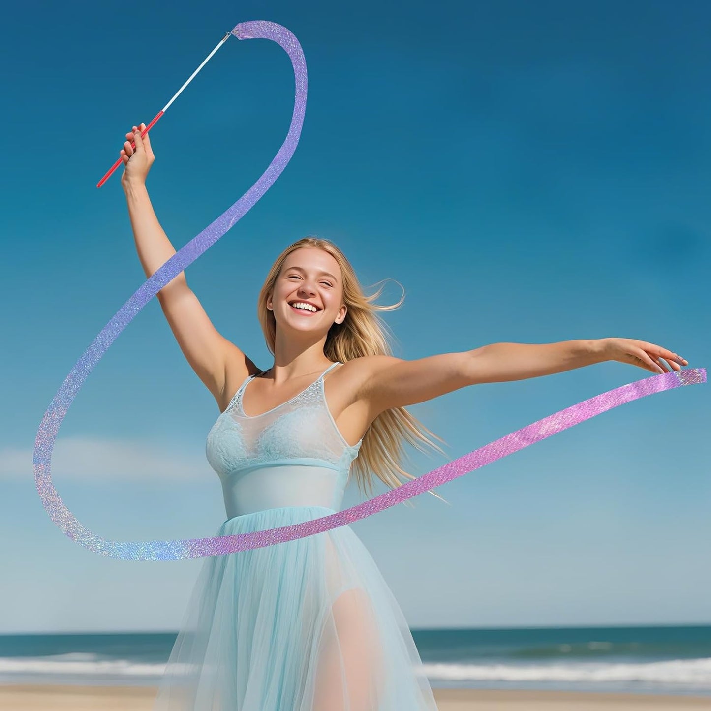 16 Pcs Sparkling Dance Ribbon for Kids Rhythmic Gymnastics Birthday Party Favors Twirling Streamer for Girl Princess Artistic Dancing Outdoor Game Supplies(Gradient Blue Purple)