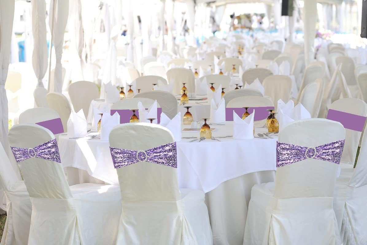 50 Pcs Sequin Chair Sashes Stretch Chair Bands Spandex Polyester Bows for Party Hotel Wedding Banquets Decoration - Lavender
