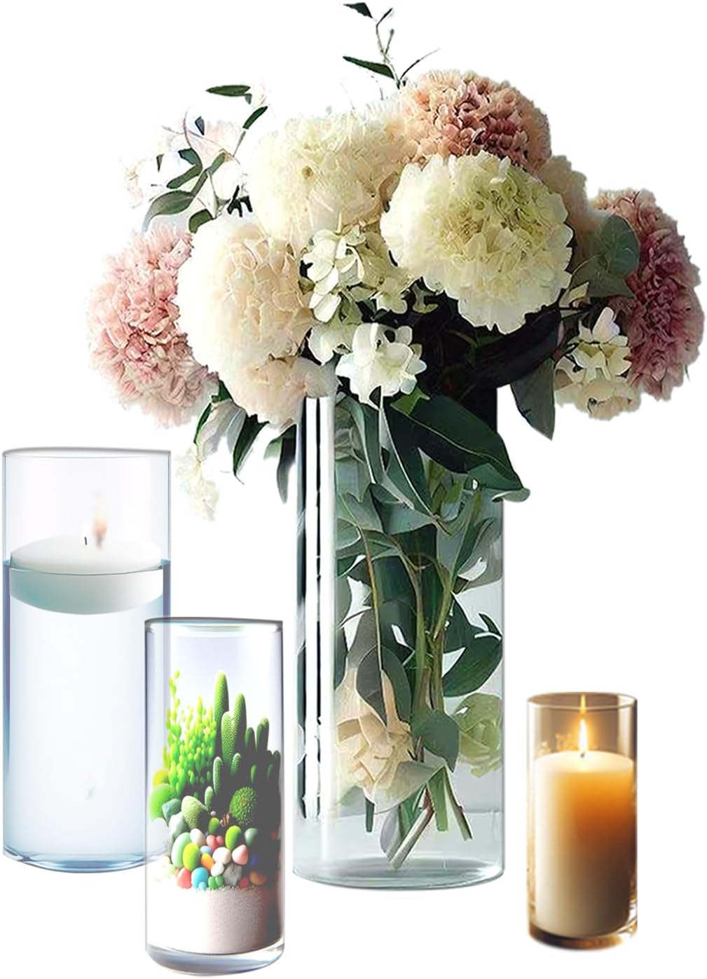 4 Clear Glass Cylinder Vases for Centerpieces - Different Sizes Floating Candle Vases Holder -4", 6", 8",10" Hight Perfect for Weddings and Events