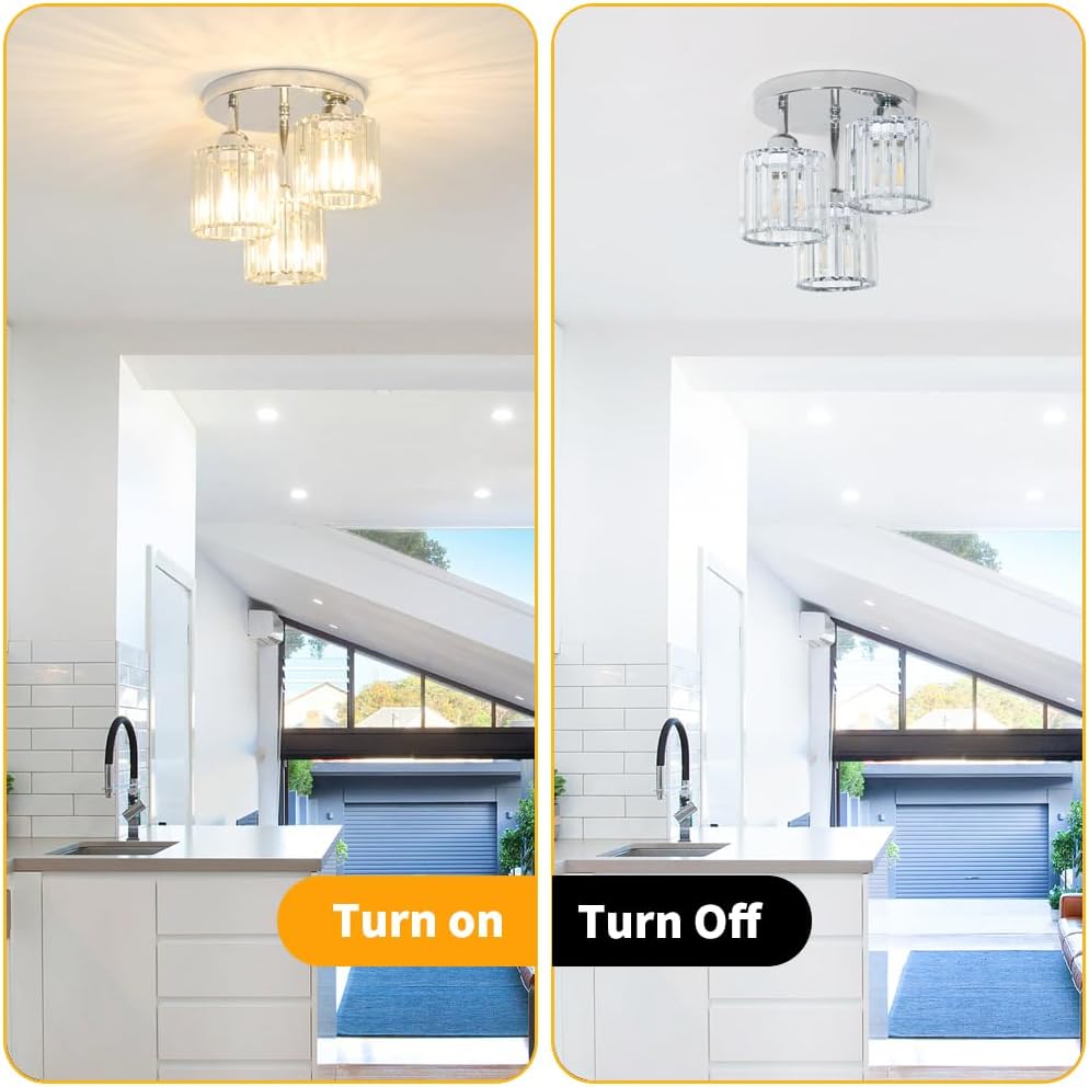Crystal Ceiling Light Fixture, Chrome Semi Flush Mount Ceiling Light Fixture, 3-Light Hallway Lighting with Clear Crystal Shades for Kitchen Entryway Bedroom Bathroom Foyer, E26