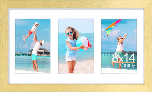 Vittanly 8x14 Picture Frames Collage, Displays 3Pcs 4x6 Pictures with Mat, Collage Picture Frame for Horizontal or Vertical Display, Gold, 1 Pack