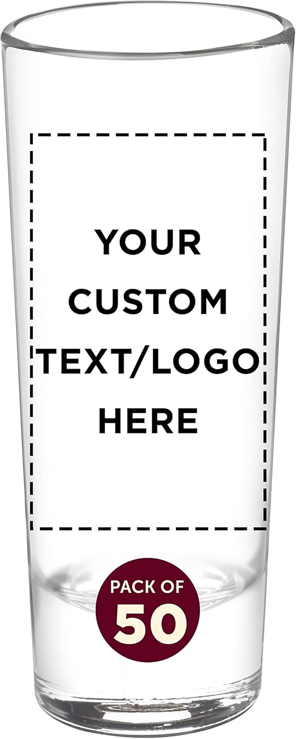 Custom Cordial Shooter Shot Glasses 2 oz. Set of 50, Personalized Bulk Pack - Great for Birthdays, Parties, Indoor & Outdoor Events - Clear