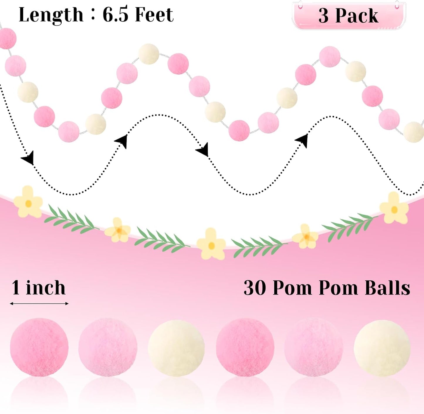 3 Pack Pom Pom Garland Colorful Felt Ball Garland Decorations, 6.5 Feet Long with 30 Balls Banner Hanging Supplies for Birthday, Baby Shower, Parties (Pink & White)