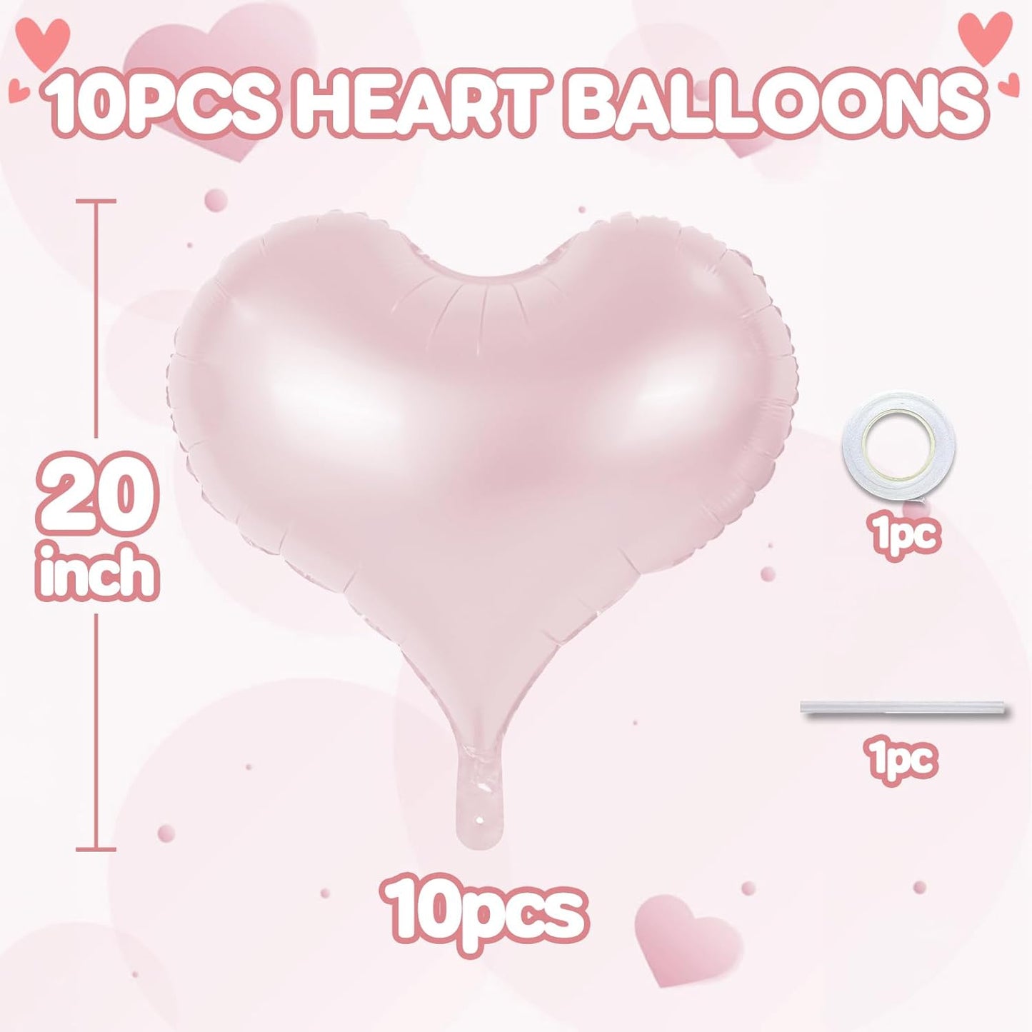 20 Inch Baby Pink Heart Balloons, 10 Pcs Light Pink Heart Foil Balloons, Pastel Helium Balloon for Girls Women Valentine Bridal Shower Anniversary Wedding Birthday Bachelorette Party Decorations