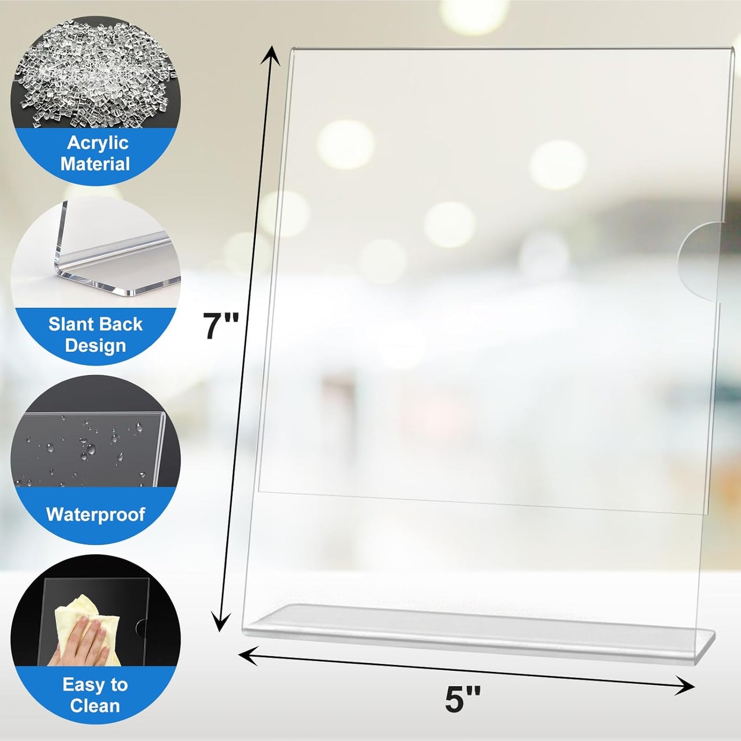 10 Pack Acrylic Sign Holder 5 x 7, L-Shape Clear Plastic Display Stand for Tabletop, Acrylic Stands for Flyers, Table Paper Holder, Vertical Sign Holder 5x7 for Restaurants, Office and School (Slant 10 Pack 5x7)