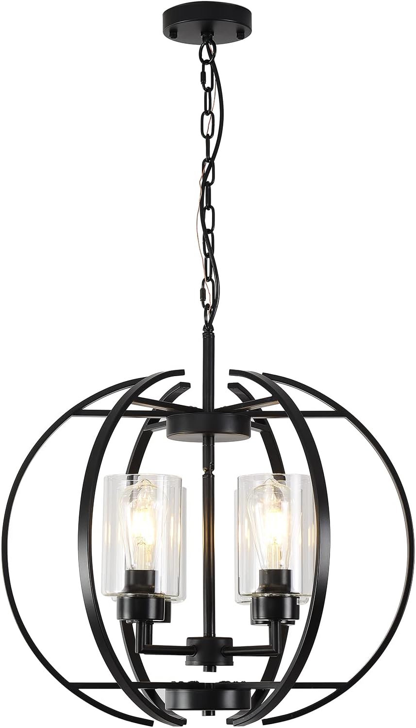 Black Chandelier Lighting with Clear Glass for Dining Room, Farmhouse Hanging Lighting, 4 Lights Globe Ceiling Light Fixture