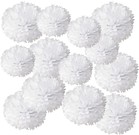 White Paper Pom Poms - Party Tissue Paper Flowers Balls - Party Hanging Decoration Supplies - Size of 10inch, 12inch, Great for Wedding, Birthday, Any Parties and Events (12 PCS)
