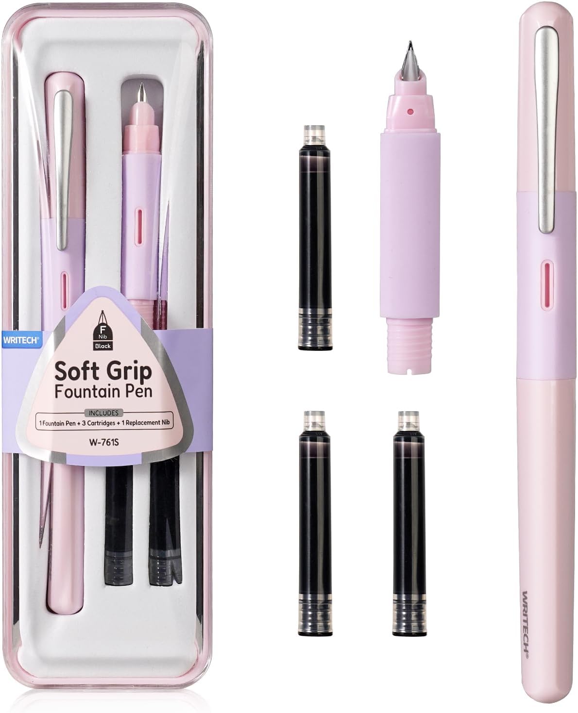 WRITECH Fountain Pen Soft Grip: Fine Nib Black Ink Pen with 3 Ink Cartridges and 1 Replacement Nib Set Smooth Writing for Journaling Calligraphy Gift (Pink)