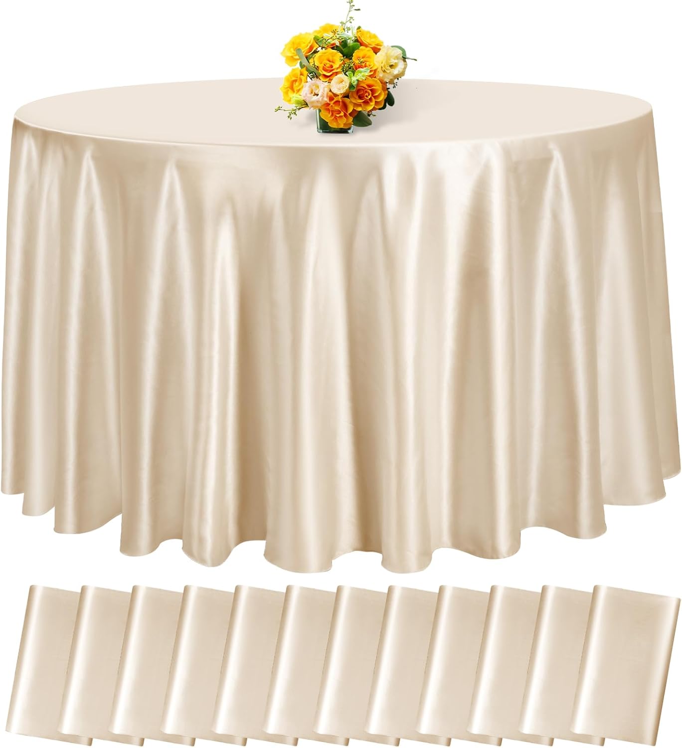 12 Pack 120 Inch Champagne Satin Tablecloth - Premium Bright Silky Round Tablecloth Overlay Smooth Fabric Table Cover, Table Decoration for Wedding Party Banquet Events Restaurant Kitchen Dining