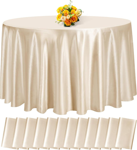 12 Pack 120 Inch Champagne Satin Tablecloth - Premium Bright Silky Round Tablecloth Overlay Smooth Fabric Table Cover, Table Decoration for Wedding Party Banquet Events Restaurant Kitchen Dining