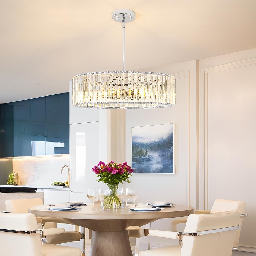 Modern Crystal Chandelier for Dining Room, 6 Light Chrome Semi Flush Mount Ceiling Light Fixtures, 19in Hallway Fixture, Round Kitchen Hanging Drum Pendant Lights Ceiling for Living Room Bedroom Foyer
