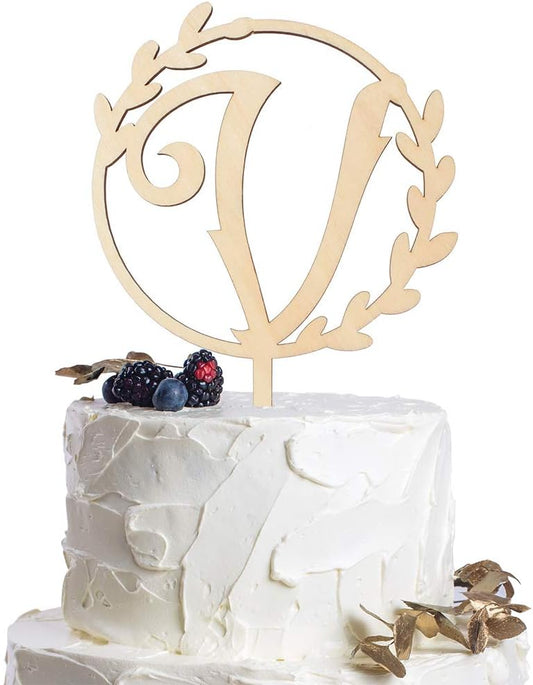 LINGTEER Personalized Inital Letter V Wooden Cake Topper Perfect for Birthday Rustic Wedding Anniversary Party Keepsake Decoration