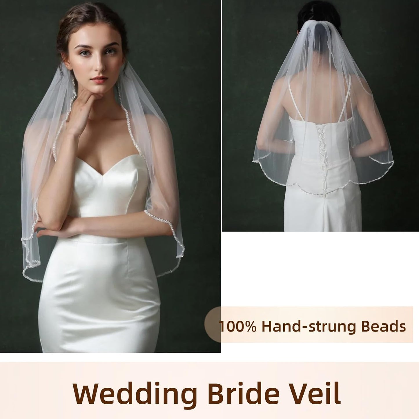 Bridal Veils Pearls and Crystals Beaded Edge Fingertip Length Wedding Veil for Women