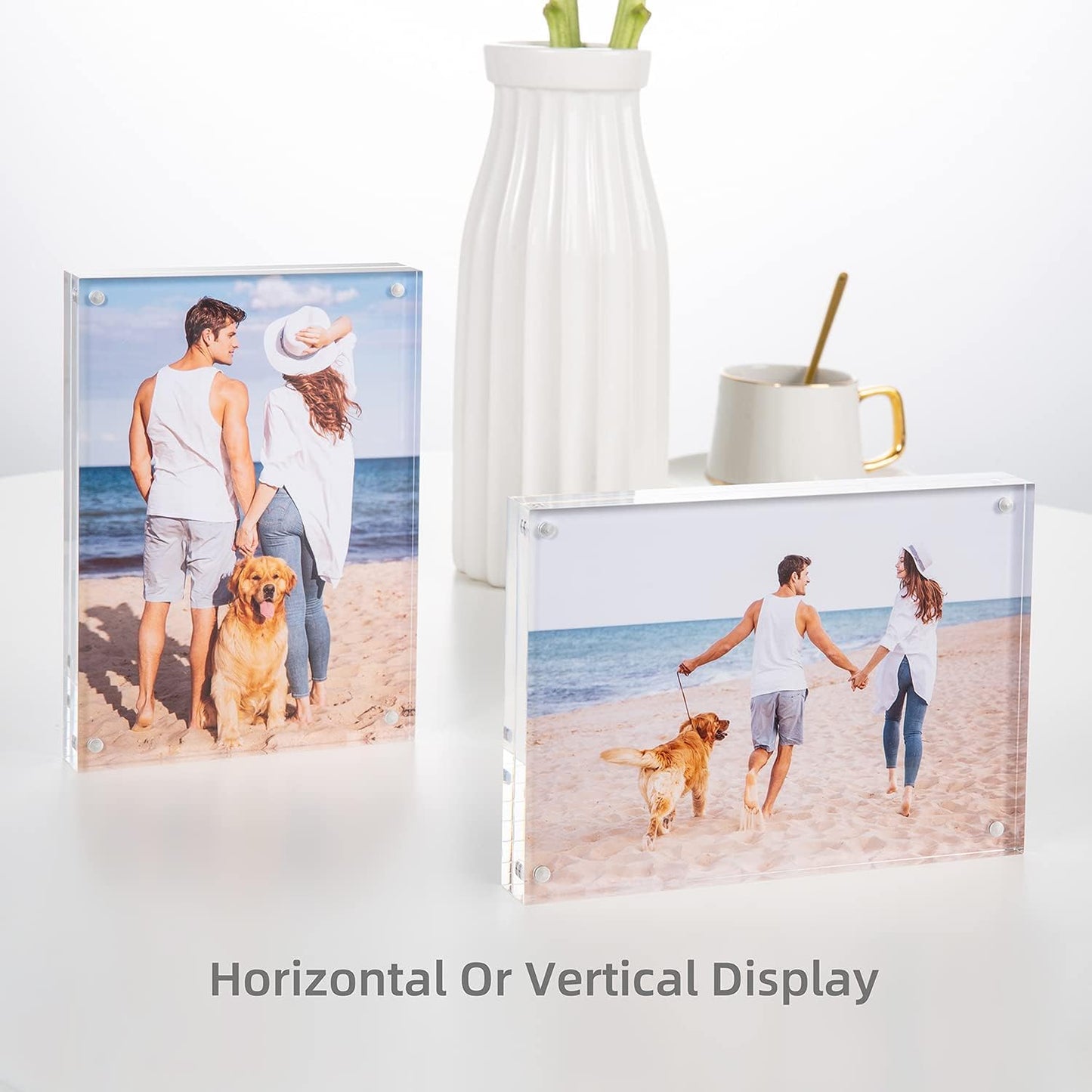 Acrylic Picture Frame, Clear Freestanding Double Sided 20mm Thickness Frameless Magnetic Photo Frames Desktop Display with Gift Box Package (5x7 2 pack)