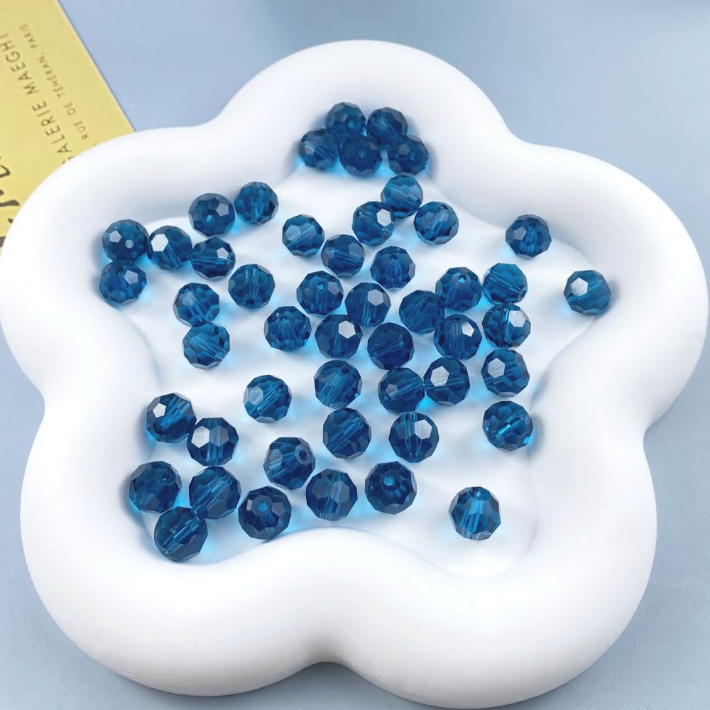 100 PCS 8mm Crystal Glass Beads Round Multiple Faceted Loose Spacer Glass Beads for DIY Handcrafte Bracelet Necklace Earring Jewelry Making(Peacoca Blue)