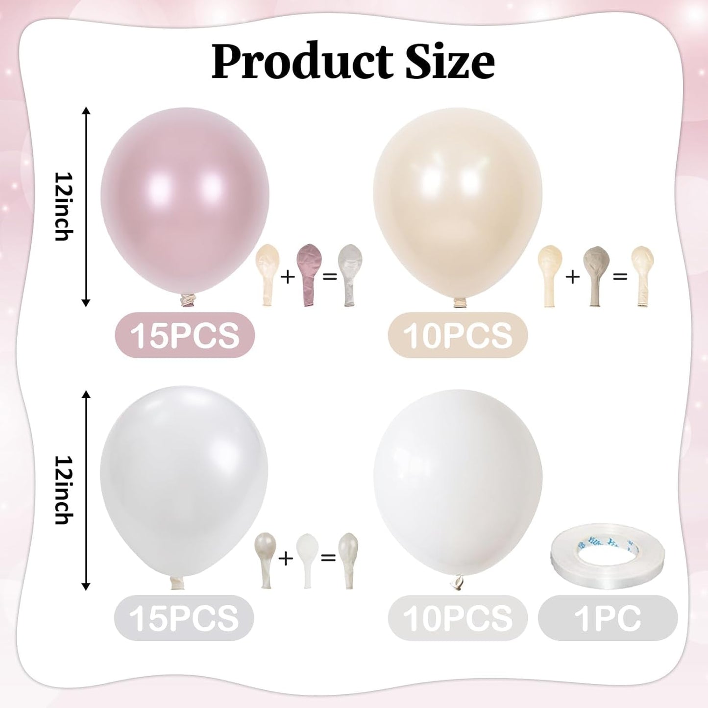 Double Stuffed Pearl White and Pink Balloons, 50pcs Double Stuffed Pearl Sand White Dusty Retro Pink Latex Balloons for Women Girls Boho Birthday Party Baby Shower Bridal Shower Wedding Engagement