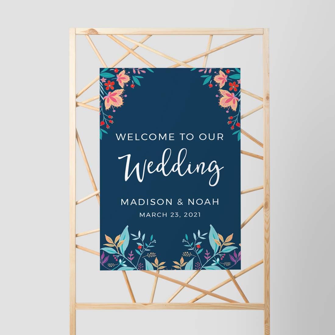 Andaz Press Personalized Extra Large Wedding Easel Board Party Sign, 12x18-inch, Vintage Bohemian Flowers on Navy Blue, Welcome to Our Wedding Bride Groom Name Date, 1-Pack, Custom