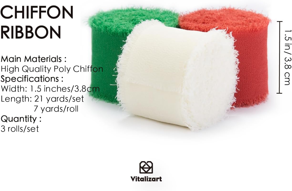 Vitalizart Christmas Handmade Chiffon Silk Ribbon Fringe 1.5" x 21 Yd Frayed Edges Ribbons for Wedding Invitations Bridal Bouquets Gifts Wrapping Crafts Holiday Decorations Red Green White