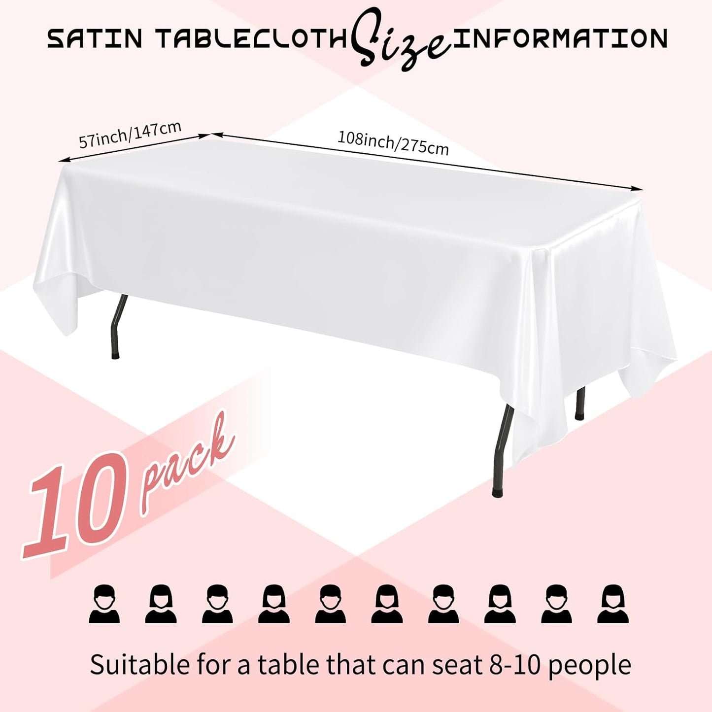 10 Packs Satin Tablecloth 57 x 108 Inch White Rectangular Table Cloth Silk Tablecloth Smooth Fabric Overlay Satin Table Cover Decoration for Wedding Party Banquet Events