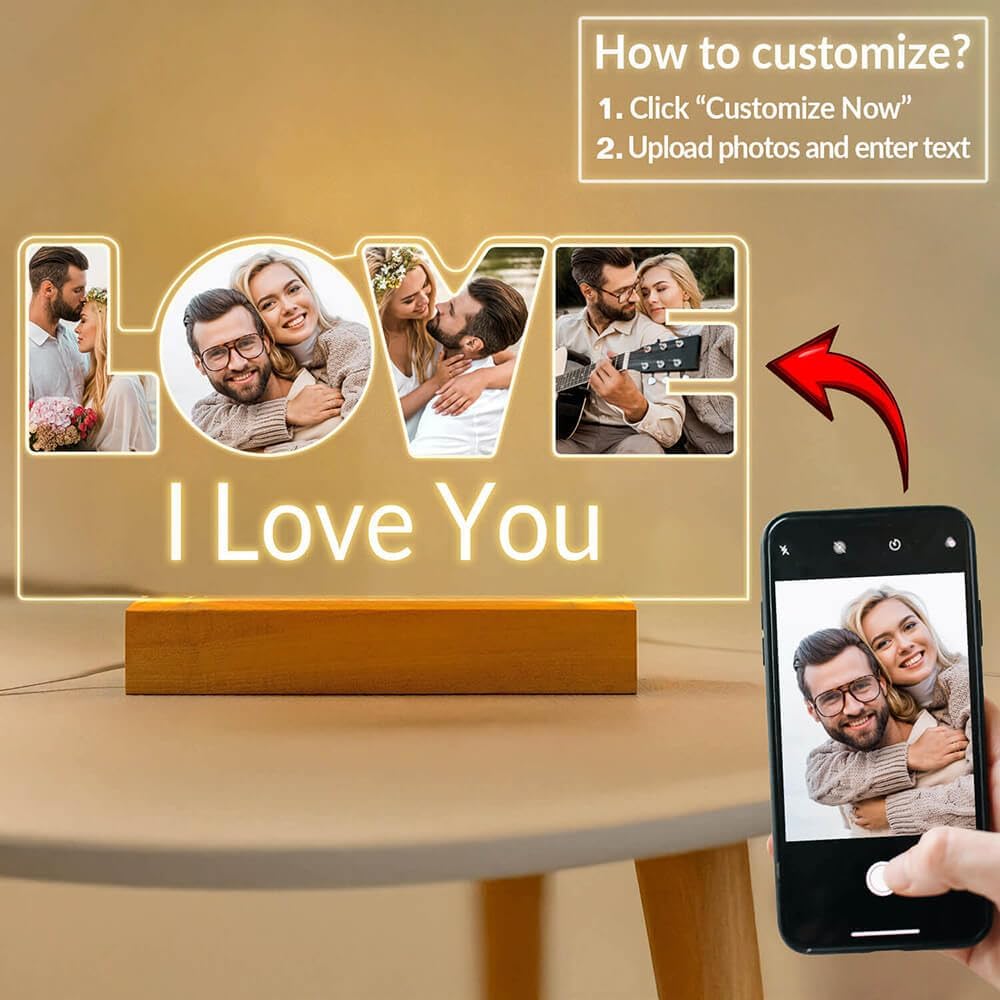 Personalized Anniversary Couple Gifts for Women Men, Custom Picture Frames with Photo, Customized Photo Frame with Night Light, Personalized Birthday Gifts for Her Him Girlfriend Boyfriend