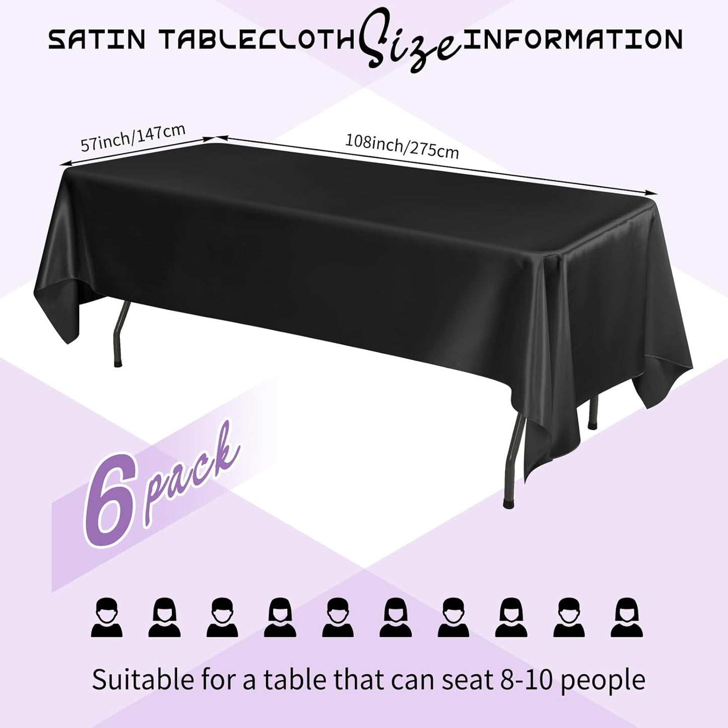 6 Packs Satin Tablecloth 57 x 108 Inch Black Rectangular Table Cloth Silk Tablecloth Smooth Fabric Overlay Satin Table Cover Decoration for Wedding Party Banquet Events
